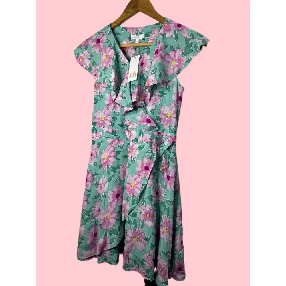 NWT GB Girls Size L‎ Floral Print Ruffle Sleeve Wrap Dress Kids Green Pink